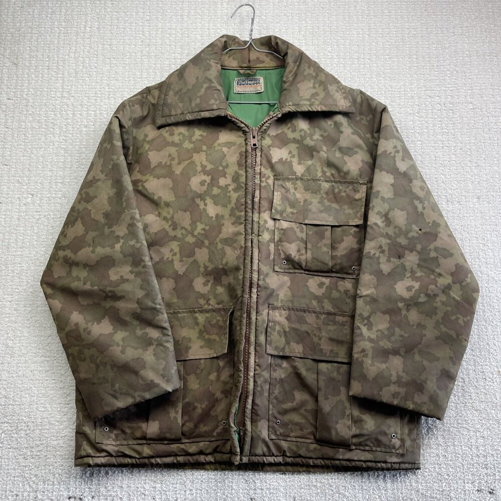 RARE VTG The Floater Mustang Sportswear Camo AOP Fishing Jacket Outdoor Read*